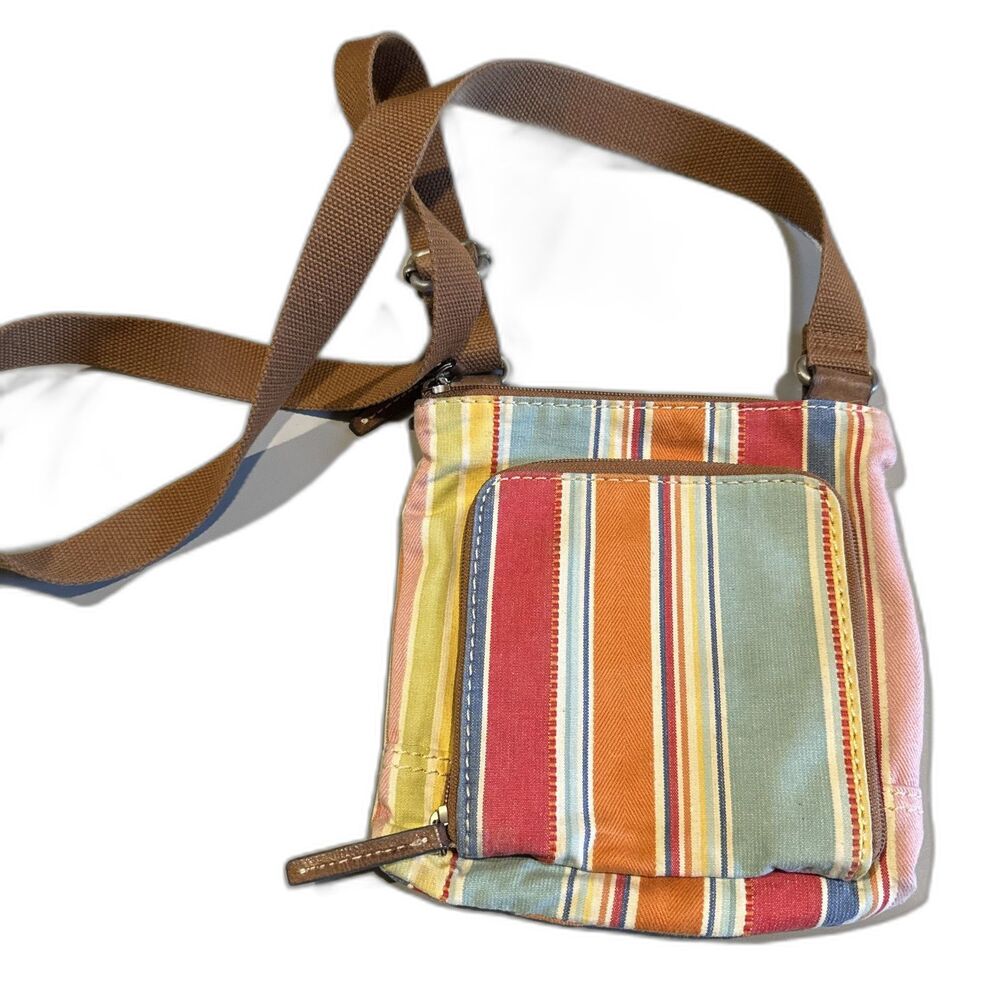 Fossil Fabric Crossbody Bag Striped Multicolor Canvas Organizer Travel Purse